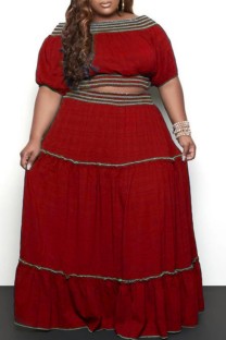Red Casual Solid Patchwork Off the Shoulder Plus Size Two Pieces