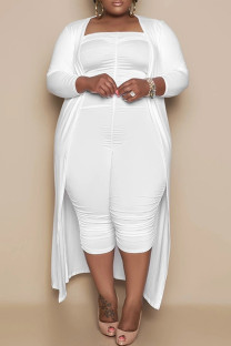 White Casual Solid Basic Plus Size Two Pieces