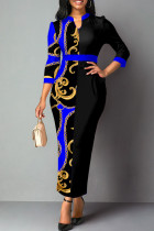 Blue Casual Print Patchwork V Neck One Step Skirt Dresses