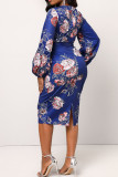Blue Casual Print Patchwork O Neck One Step Skirt Dresses