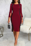 Rose Red Vintage Elegant Solid Patchwork Slit Halter One Step Skirt Dresses