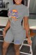 Grey Casual Character Print Letter O Neck Short Sleeve Two Pieces