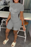 Grey Casual Letter Hot Drilling Basic O Neck Short Sleeve Two Pieces