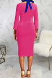 Rose Red Vintage Elegant Solid Patchwork Slit Halter One Step Skirt Dresses