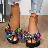 Black Casual Patchwork Beading With Bow Round Comfortable Wedges Shoes (Heel Height 1.97in)