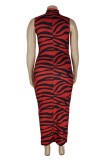 Brick Red Sexy Print Hollowed Out Turtleneck Sleeveless Dress Plus Size Dresses