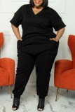 Black Casual Solid Basic V Neck Plus Size Jumpsuits (Without Belt)