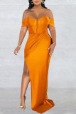 Yellow Sexy Elegant Solid Patchwork Slit Off the Shoulder Straight Dresses