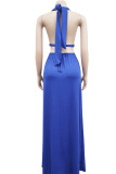 Blue Sexy Solid Bandage Hollowed Out Backless Slit Halter Straight Dresses