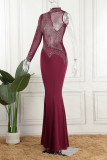 Burgundy Sexy Formal Patchwork Hot Drilling See-through Turtleneck Evening Dress Dresses