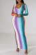 Multicolor Sexy Striped Print Patchwork U Neck One Step Skirt Dresses
