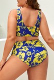 Blue Yellow Sexy Print Backless U Neck Plus Size Swimwear (With Paddings)