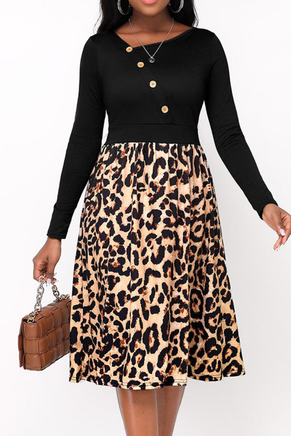 Leopard Print Sexy Print Leopard Patchwork Asymmetrical Collar A Line Dresses