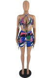 Blue Sexy Print Tassel Bandage Backless Halter Sleeveless Two Pieces