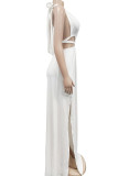 White Sexy Solid Bandage Hollowed Out Backless Slit Halter Straight Dresses