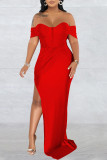 Yellow Sexy Elegant Solid Patchwork Slit Off the Shoulder Straight Dresses