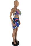 Blue Sexy Print Tassel Bandage Backless Halter Sleeveless Two Pieces