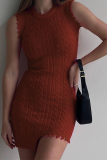 Red Sexy Solid Tassel O Neck Pencil Skirt Dresses