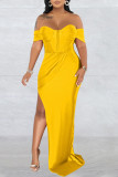 Yellow Sexy Elegant Solid Patchwork Slit Off the Shoulder Straight Dresses