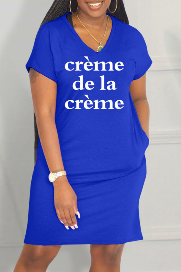 Blue Casual Letter Print Basic V Neck Short Sleeve Dress