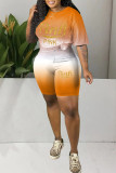 Orange Casual Print Patchwork O Neck Short Sleeve Two Pieces