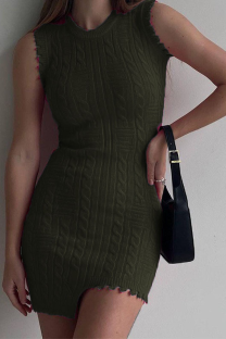 Olive Green Sexy Solid Tassel O Neck Pencil Skirt Dresses