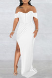 Yellow Sexy Elegant Solid Patchwork Slit Off the Shoulder Straight Dresses
