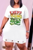 White Casual Letter Print Hollowed Out O Neck Short Sleeve Dress