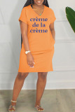 Orange Casual Letter Print Basic V Neck Short Sleeve Dress