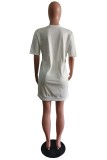 White Casual Letter Print Hollowed Out O Neck Short Sleeve Dress