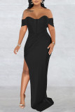 Yellow Sexy Elegant Solid Patchwork Slit Off the Shoulder Straight Dresses