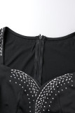 Black Sexy Patchwork Hot Drilling Asymmetrical V Neck Long Sleeve Dresses