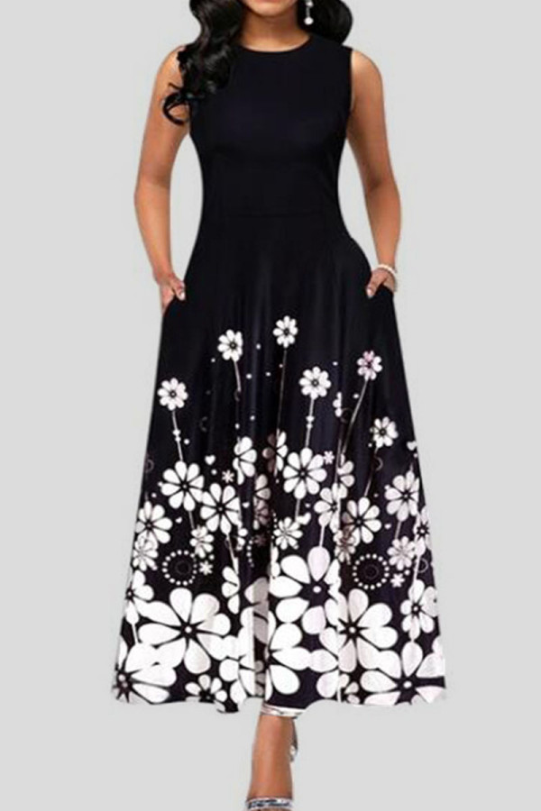 Black Sweet Elegant Print Patchwork O Neck A Line Dresses