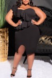 Black Sexy Solid Backless Beading One Shoulder Sleeveless Dress Plus Size Dresses