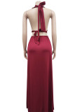 Burgundy Sexy Solid Bandage Hollowed Out Backless Slit Halter Straight Dresses