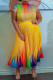 Yellow Casual Elegant Gradual Change Print Patchwork Fold O Neck Short Sleeve Two Pieces