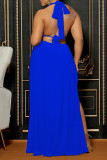 Blue Sexy Solid Bandage Hollowed Out Backless Slit Halter Straight Dresses