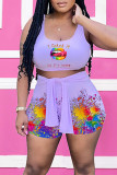 Purple Casual Sportswear Print Bandage Patchwork U Neck Two Pieces