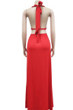 Red Sexy Solid Bandage Hollowed Out Backless Slit Halter Straight Dresses