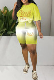 Orange Casual Print Patchwork O Neck Short Sleeve Two Pieces