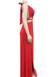 Red Sexy Solid Bandage Hollowed Out Backless Slit Halter Straight Dresses