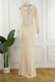 Apricot Sexy Formal Patchwork Hot Drilling See-through Turtleneck Evening Dress Dresses
