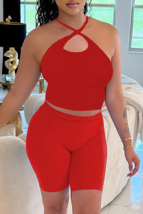 Red Sexy Solid Bandage Backless Halter Sleeveless Two Pieces