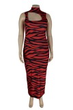 Brick Red Sexy Print Hollowed Out Turtleneck Sleeveless Dress Plus Size Dresses