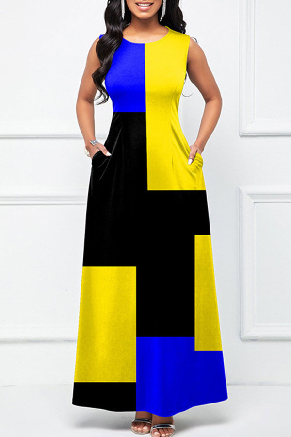 Yellow Sweet Elegant Print Patchwork O Neck A Line Dresses