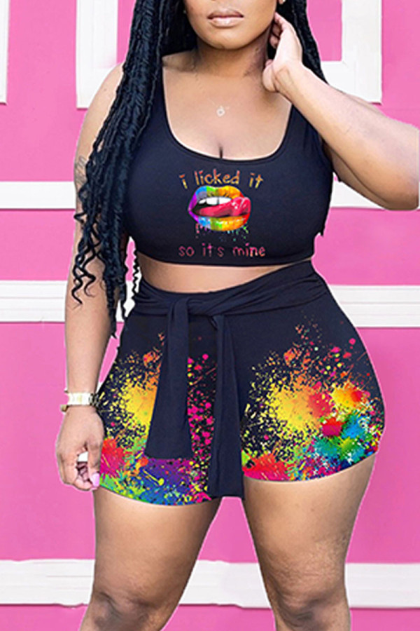 Black Casual Sportswear Print Bandage Patchwork U Neck Two Pieces