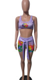 Purple Casual Sportswear Print Bandage Patchwork U Neck Two Pieces