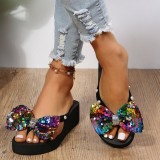 Black Casual Patchwork Beading With Bow Round Comfortable Wedges Shoes (Heel Height 1.97in)