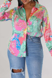 Multicolor Casual Print Patchwork Buckle Turndown Collar Tops