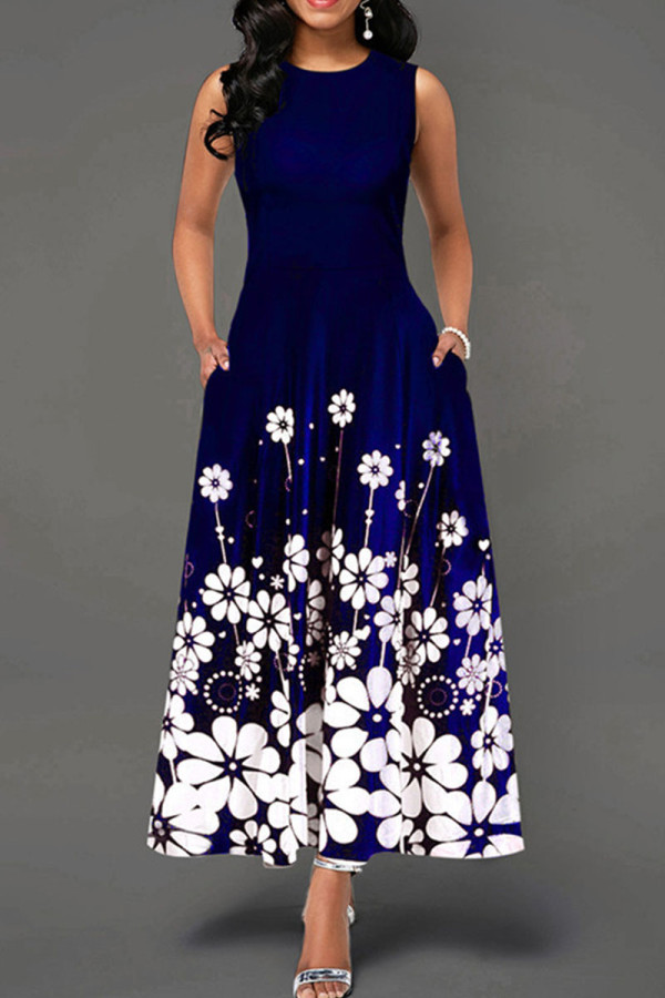 Tibetan Blue Sweet Elegant Print Patchwork O Neck A Line Dresses
